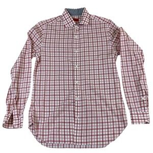 Isaia Napoli Mens Red White Check Cotton Button Down Shirt Made in Italy 15.5 39